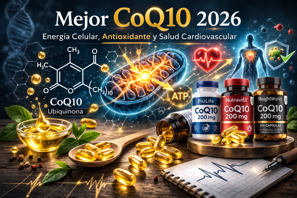 Comparativa de los mejores suplementos de CoQ10 2026 con representación de mitocondria, producción de ATP y beneficios antioxidantes y cardiovasculares.