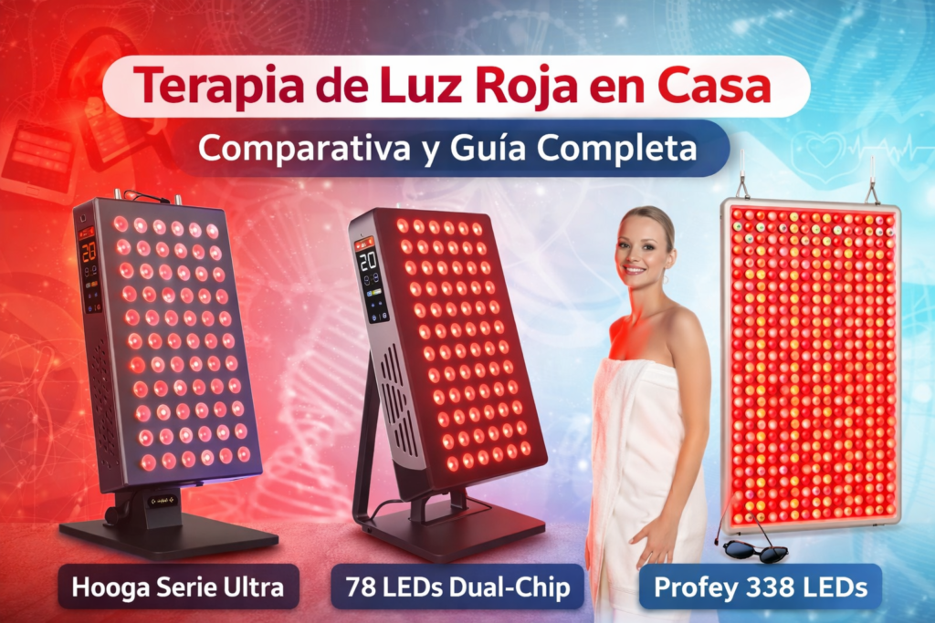 Comparativa de paneles de terapia de luz roja en casa: Hooga Serie Ultra, modelo 78 LEDs Dual-Chip y Profey 338 LEDs para longevidad y recuperación.