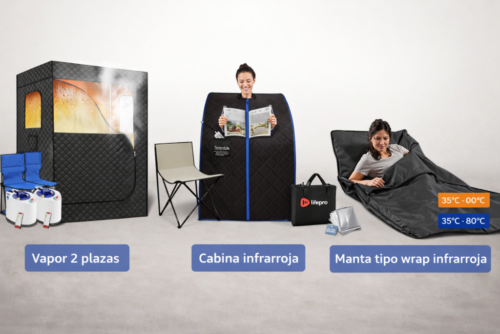 Comparativa visual de sauna portátil para casa: modelo de vapor para 2 personas, cabina infrarroja individual y manta de sauna infrarroja tipo wrap.