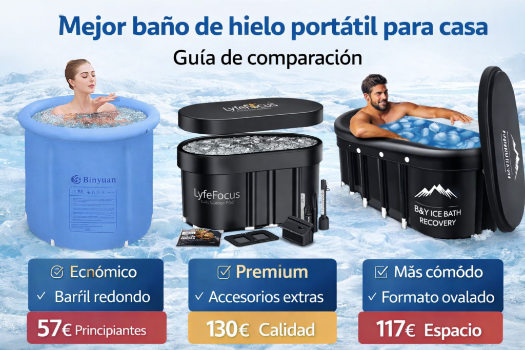 Comparativa de baños de hielo portátiles para casa con modelo barril económico, versión premium con accesorios y bañera ovalada más espaciosa para terapia de frío.
