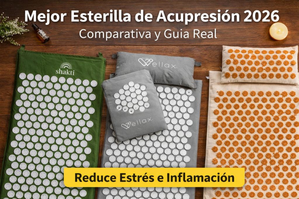Comparativa de esterillas de acupresión 2026: modelos ShaktiMat, Wellax con almohada y esterilla XXL sobre fondo de madera para reducir estrés e inflamación.