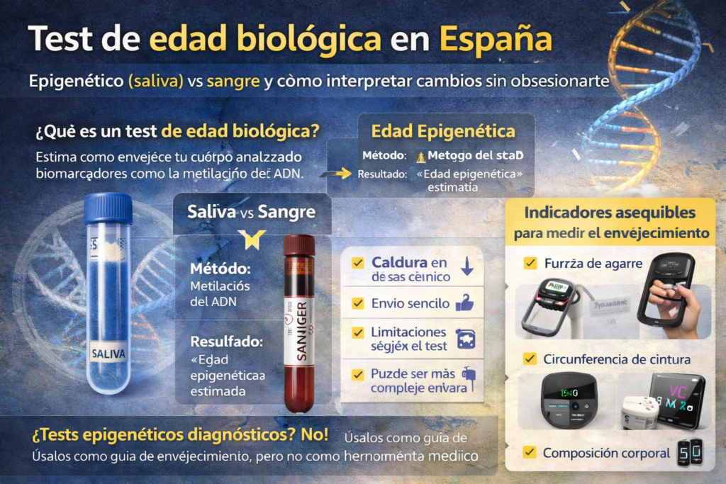 Infografía explicando qué es un test de edad biológica, cómo funcionan los tests epigenéticos y qué biomarcadores pueden usarse para medir envejecimiento.