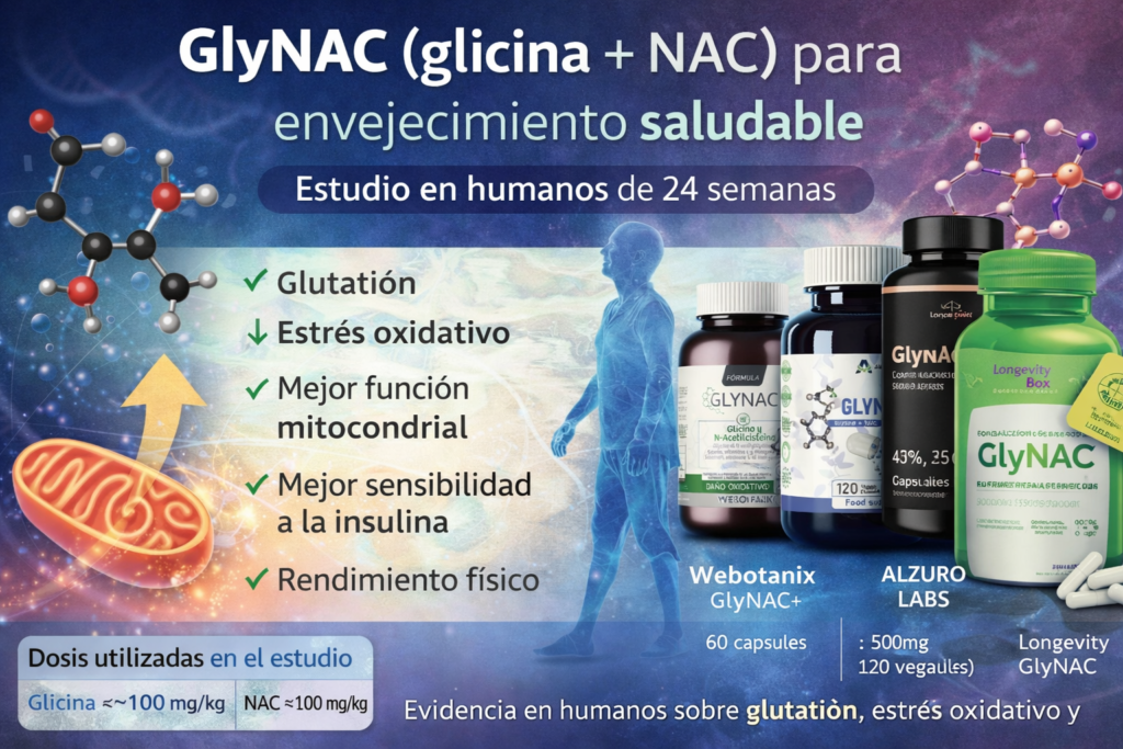 Suplemento GlyNAC con glicina y N-acetilcisteína relacionado con glutatión, estrés oxidativo y envejecimiento saludable
