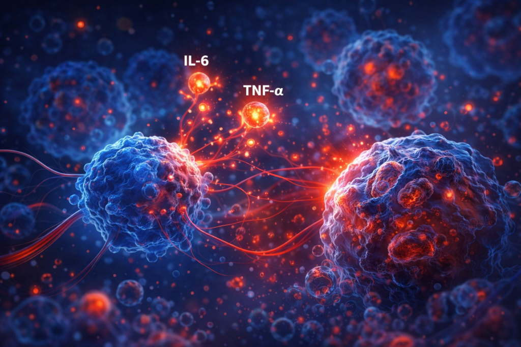 Inflamación crónica de bajo grado y envejecimiento: células inmunes liberando citocinas IL-6 y TNF-alfa