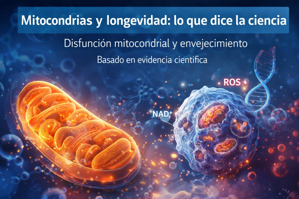 Ilustración científica de mitocondrias mostrando la producción de energía celular y su relación con el envejecimiento