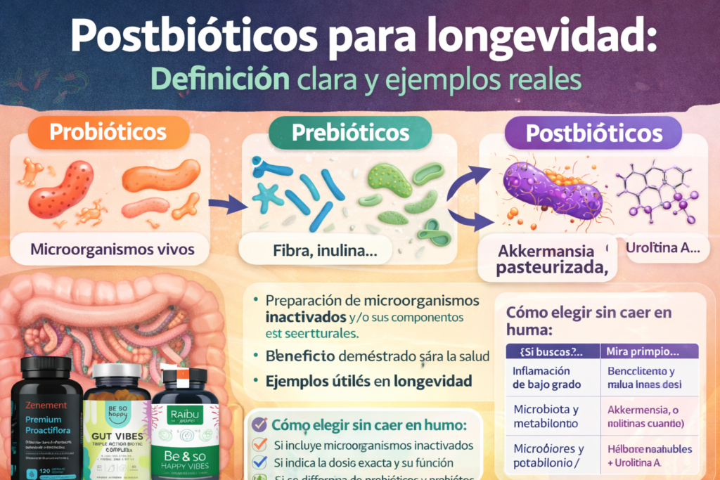 Infografía que explica la diferencia entre probióticos, prebióticos y postbióticos en longevidad, con ejemplos como Akkermansia pasteurizada y urolitina A.