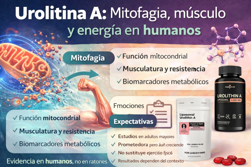 Infografía sobre urolitina A en longevidad que explica su relación con la mitofagia, la función mitocondrial, la energía celular y la evidencia en humanos.