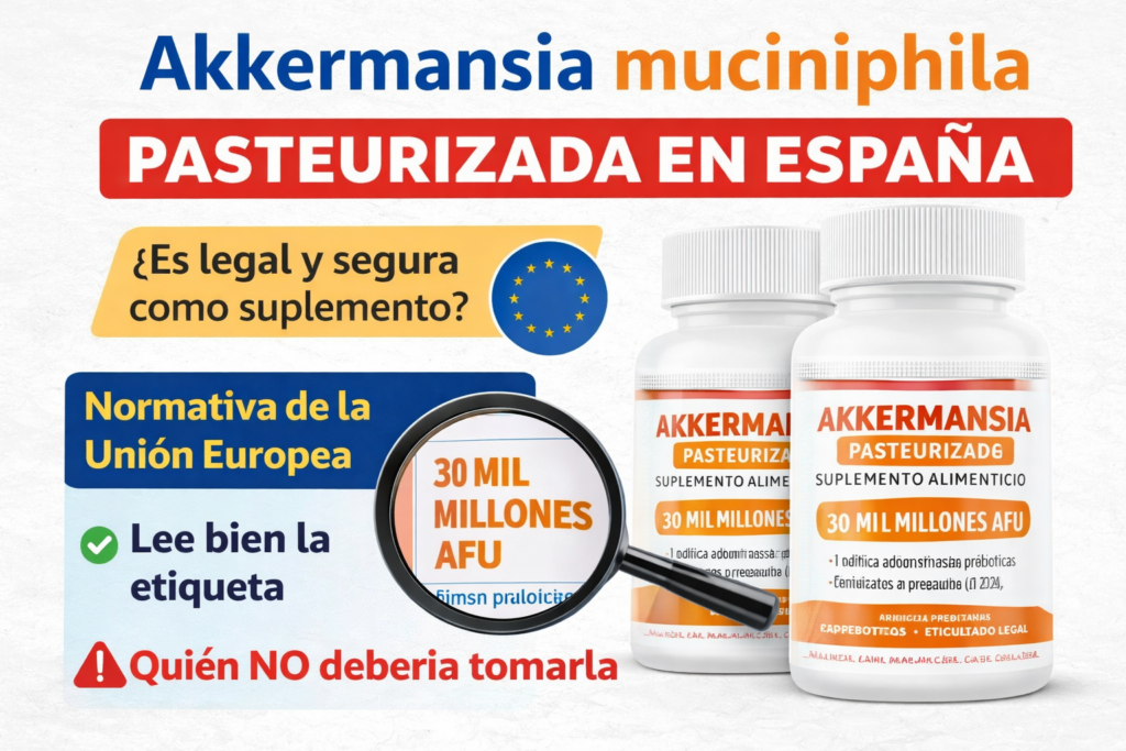 Infografía sobre Akkermansia muciniphila pasteurizada en España con información sobre legalidad, dosis y cómo elegir suplemento