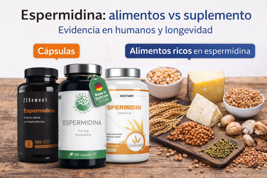 Suplementos de espermidina comparados en un artículo sobre evidencia en humanos, alimentos ricos en espermidina y longevidad