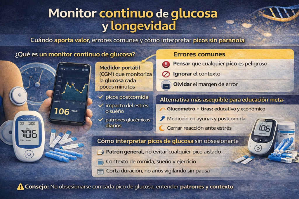 Monitor continuo de glucosa para longevidad: infografía sobre cómo interpretar picos de glucosa y cuándo usar CGM sin diabetes